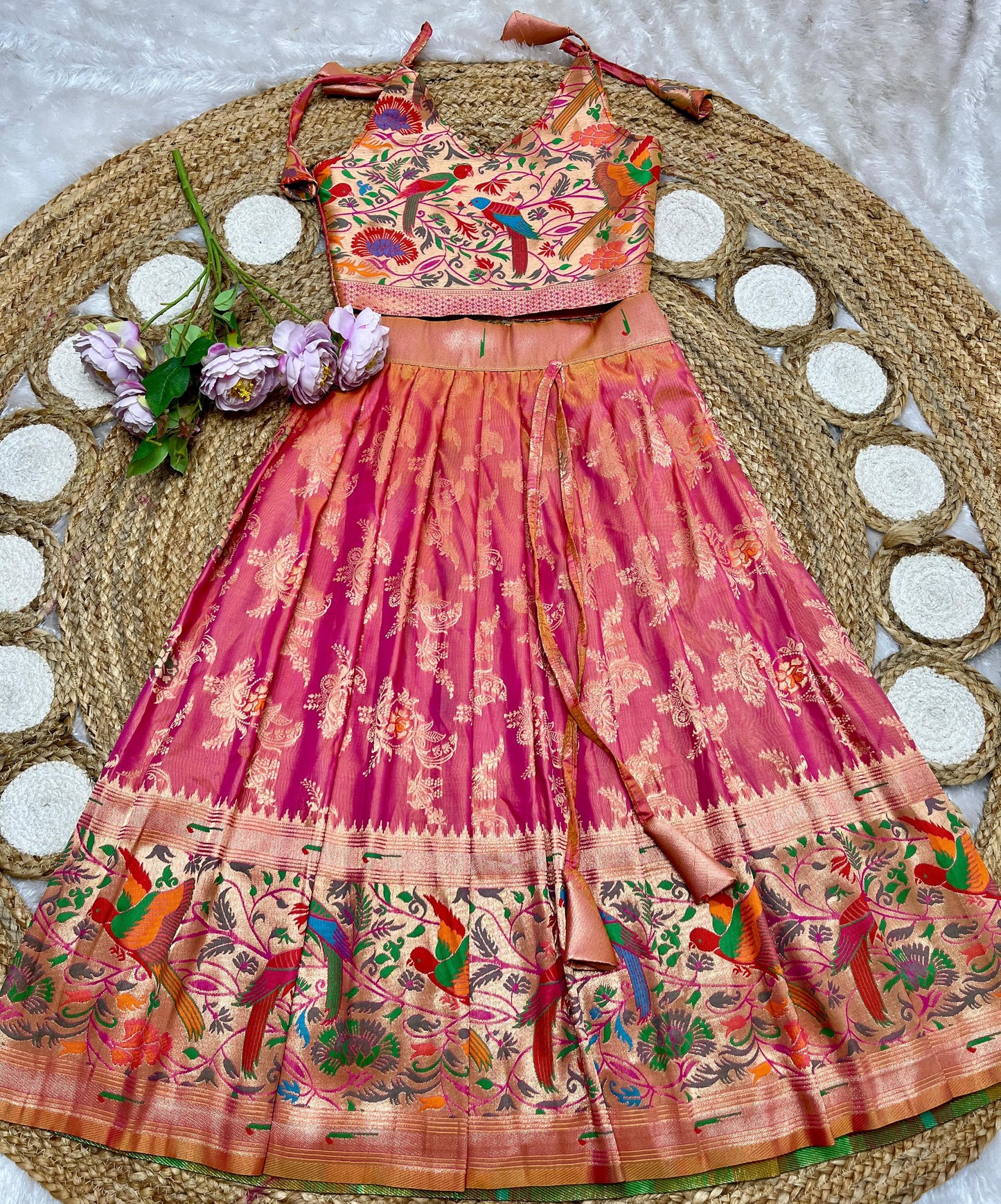 Pinkish red Paithani lehenga for kids