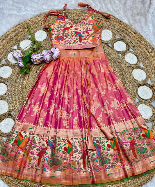 Pinkish red Paithani lehenga for kids