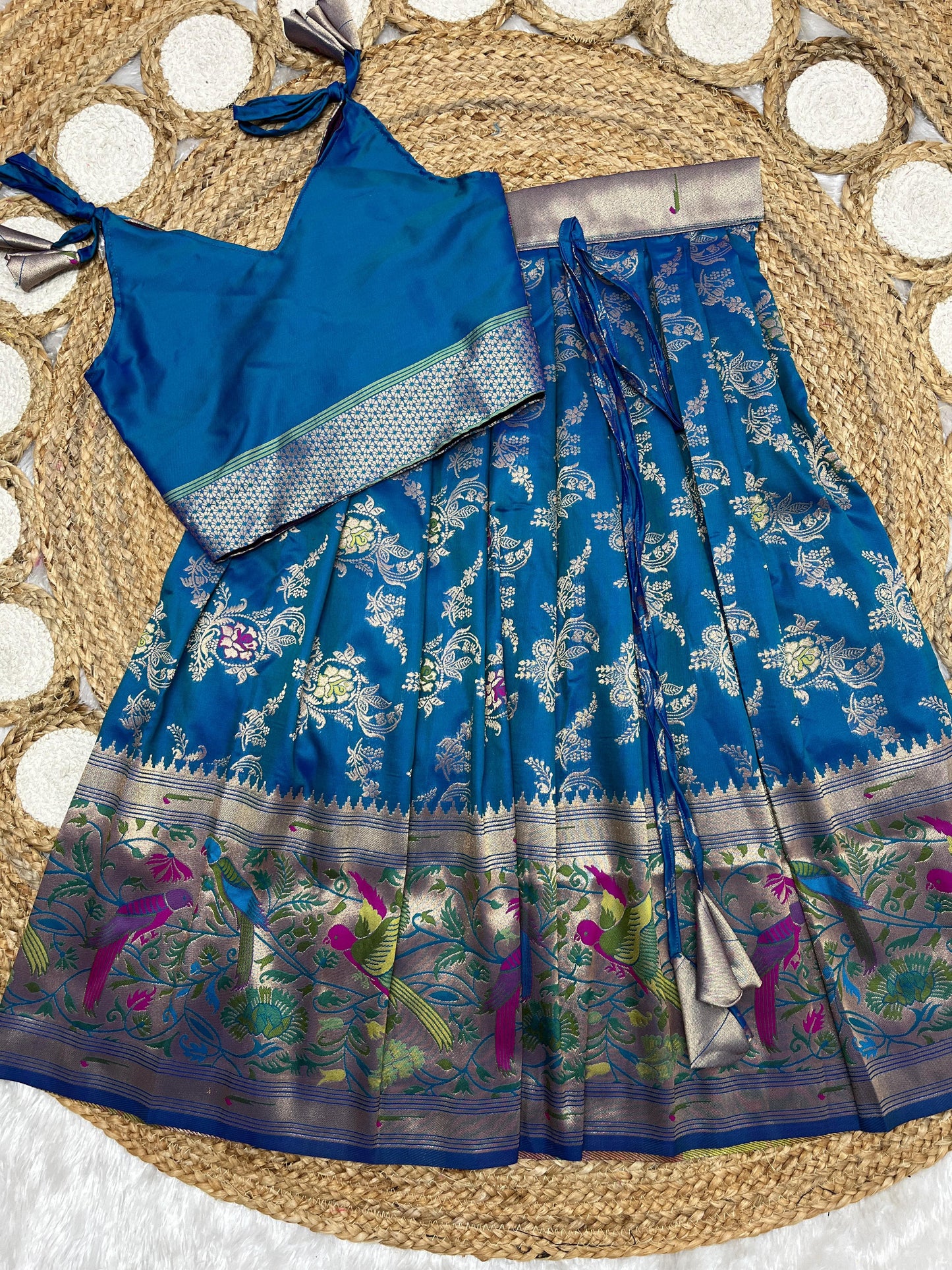 Peacock blue Paithani lehenga for kids
