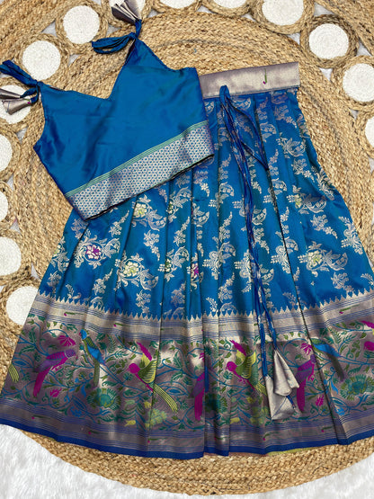 Peacock blue Paithani lehenga for kids
