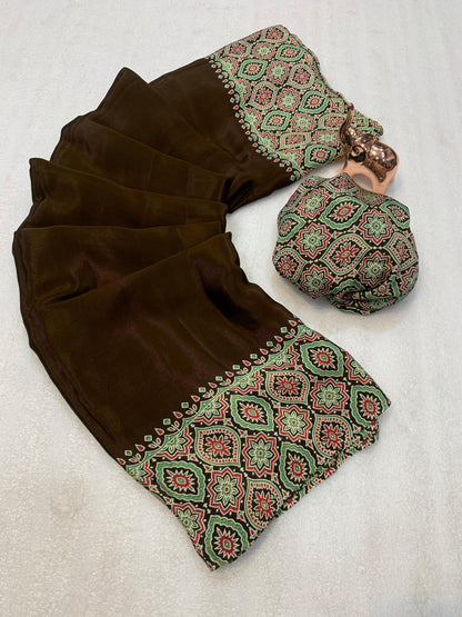 Pure crepe satin ajrakh sarees