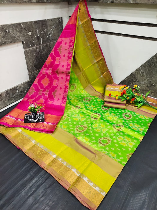 Apple green and pink Uppada soft silk with kanchi border