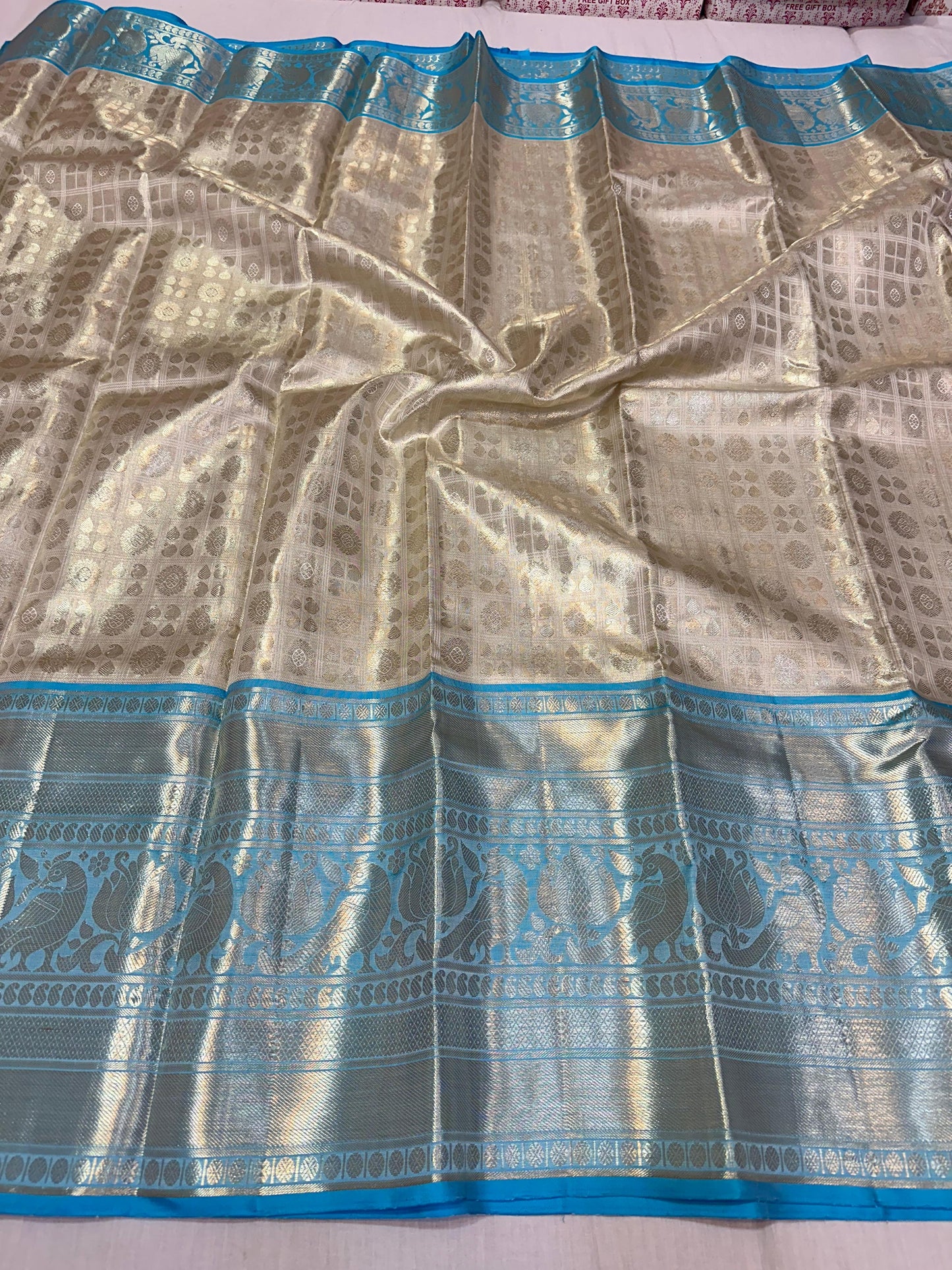 Silver with sky blue pure kanchipuram bridal silk sarees