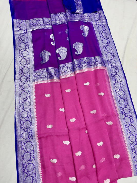 Pink and purple pure banarasi georgette chiffon sarees