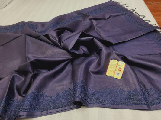 Dark violet pure bhagalpuri tussar silk cutwork sarees