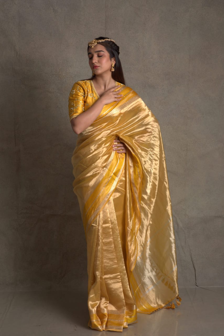 Gold with yellow pure metallic double tissue organza sarees
