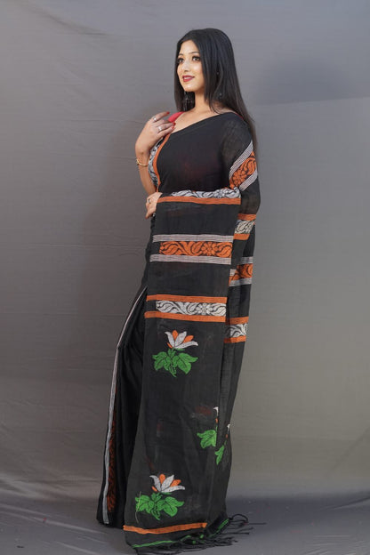 Black 120 counts linen by linen jamdani sarees