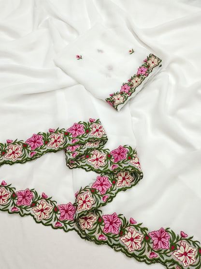 Pastel color faux georgette embroidery sarees