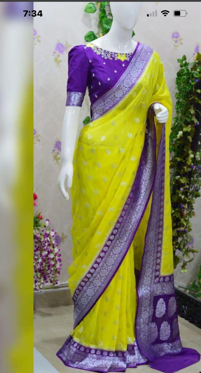 Yellow with dark purple banarasi semi georgette saree
