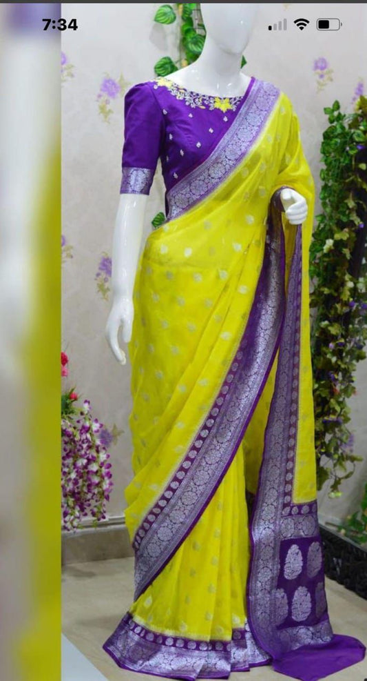 Yellow with dark purple banarasi semi georgette saree