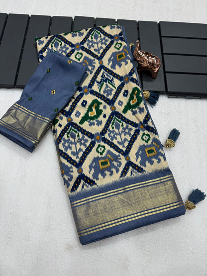 Bluish gray munga crepe patola silk sarees