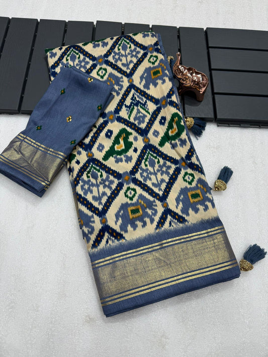 Bluish gray munga crepe patola silk sarees