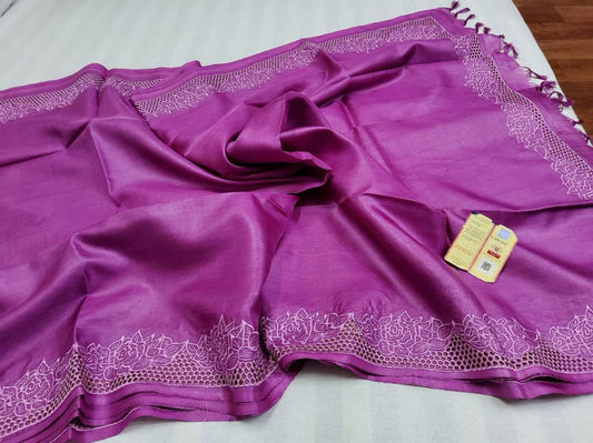 Rani pink pure bhagalpuri tussar silk cutwork sarees