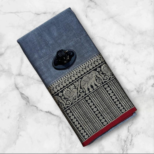 Gray Narayanpet Cotton sarees with elephant border