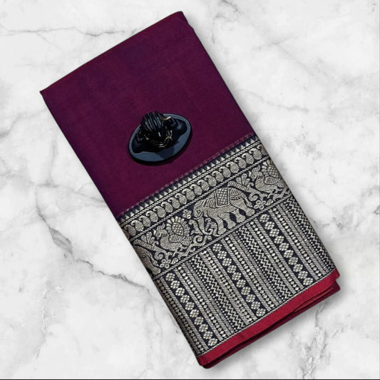 Dark wine Narayanpet Cotton sarees with elephant border