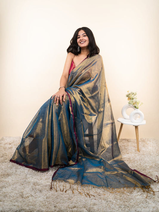 Blue khadi Tissue cotton sarees