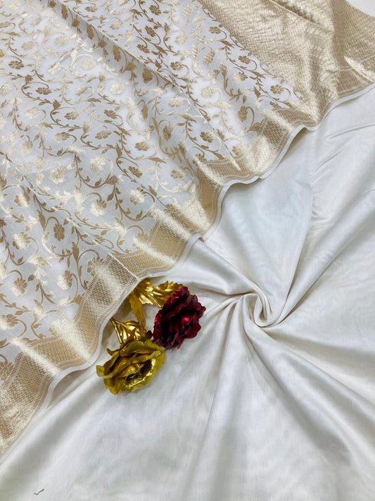 Off white Banarasi plain chanderi silk suit