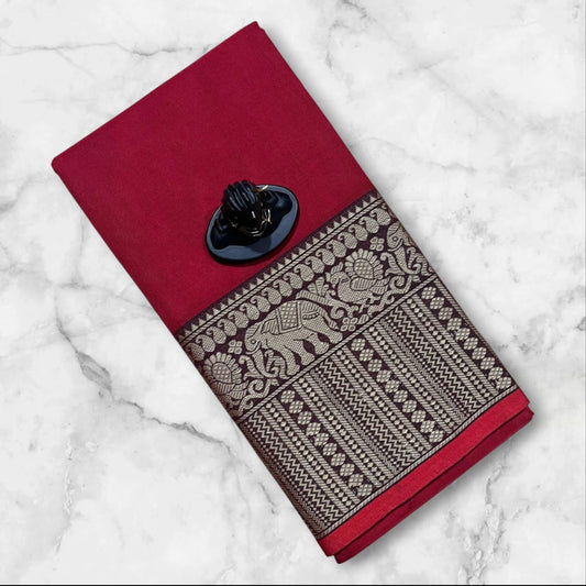 Red Narayanpet Cotton sarees with elephant border