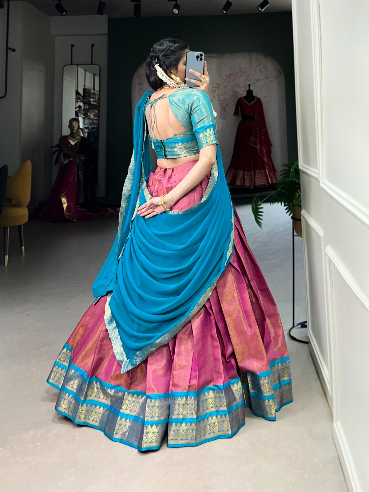 Dark pink kanchipuram lehenga choli