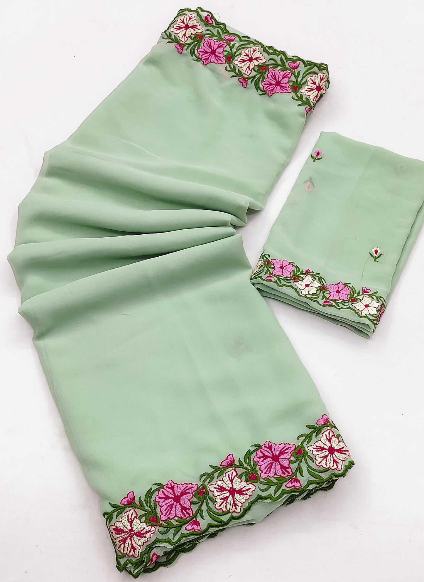Pastel color faux georgette embroidery sarees