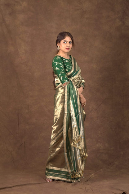 Gold with dark green pure metallic double tissue organza sarees