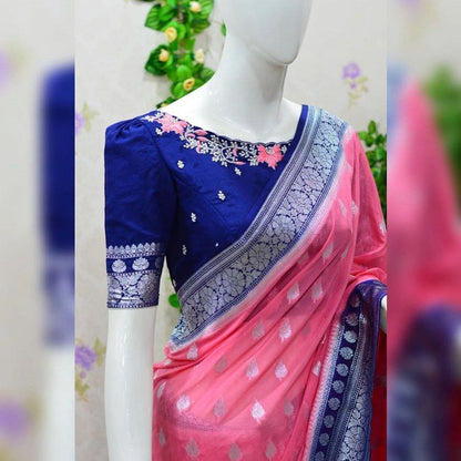 Pink with navy blue banarasi semi georgette saree