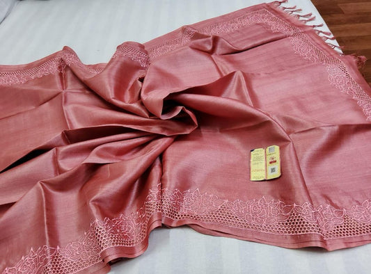 Pink pure bhagalpuri tussar silk cutwork sarees
