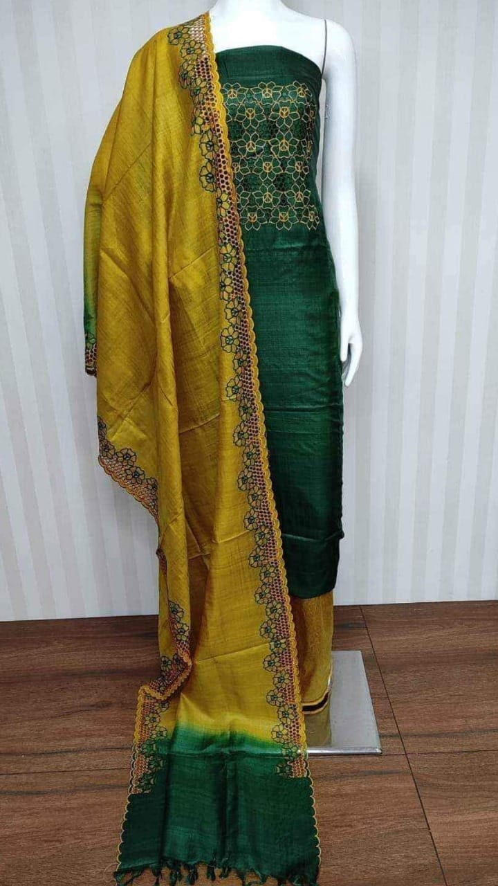 Tussar silk hand cutwork embroidery dress materials