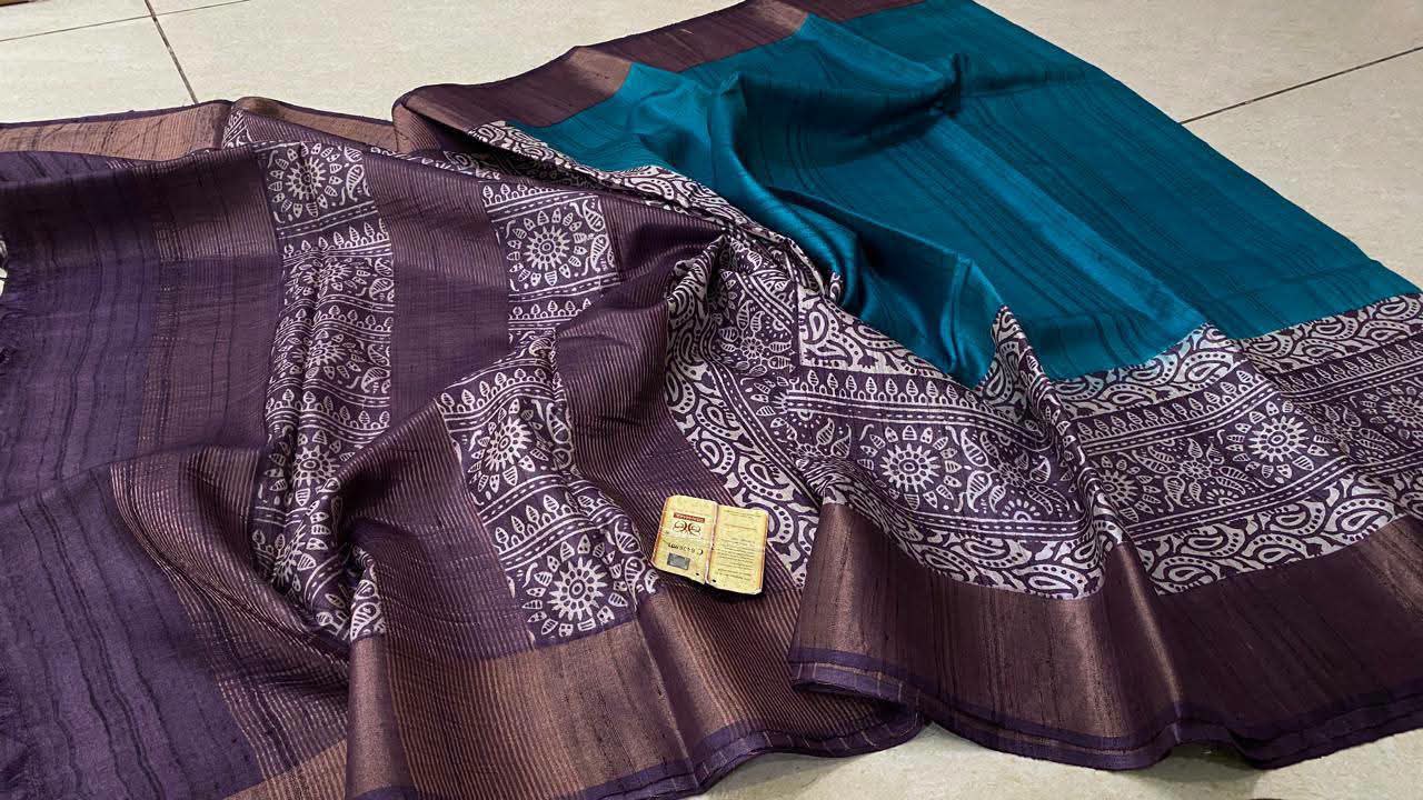 Pure Tussar silk block printed sarees