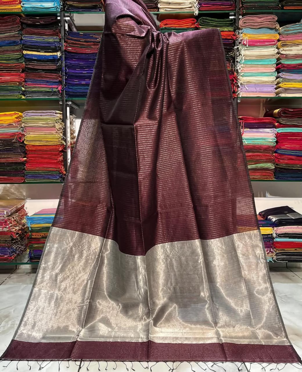 Chocolate brown semi silk striped sarees