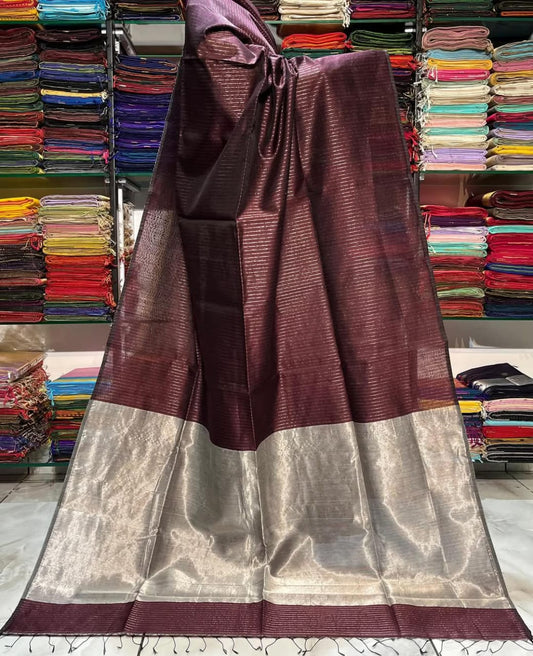 Chocolate brown semi silk striped sarees