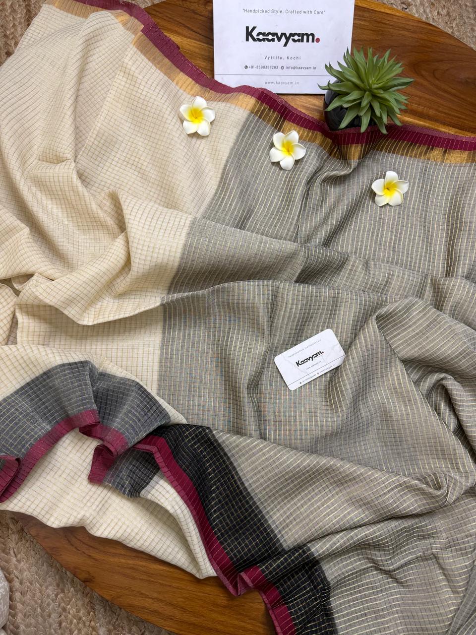 Cream and black pure mul cotton sarees