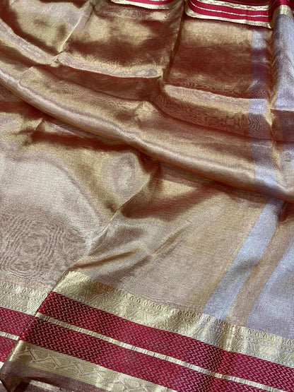 Gold with maroon pure metallic double tissue organza sarees