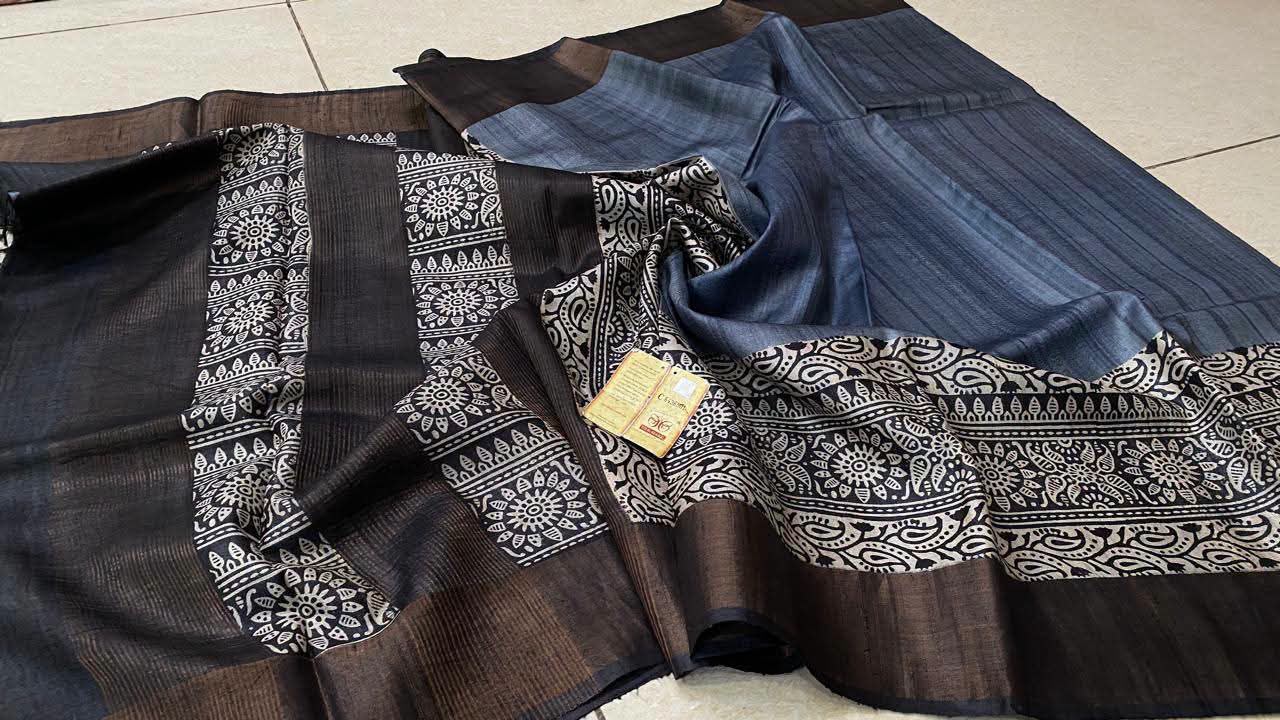 Pure Tussar silk block printed sarees