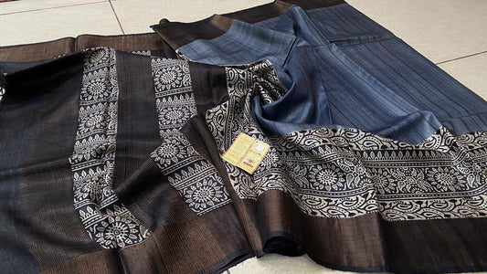 Pure Tussar silk block printed sarees