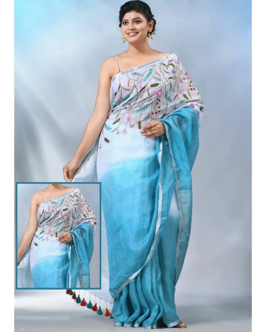 Cream with sky blue linen embroidery sarees