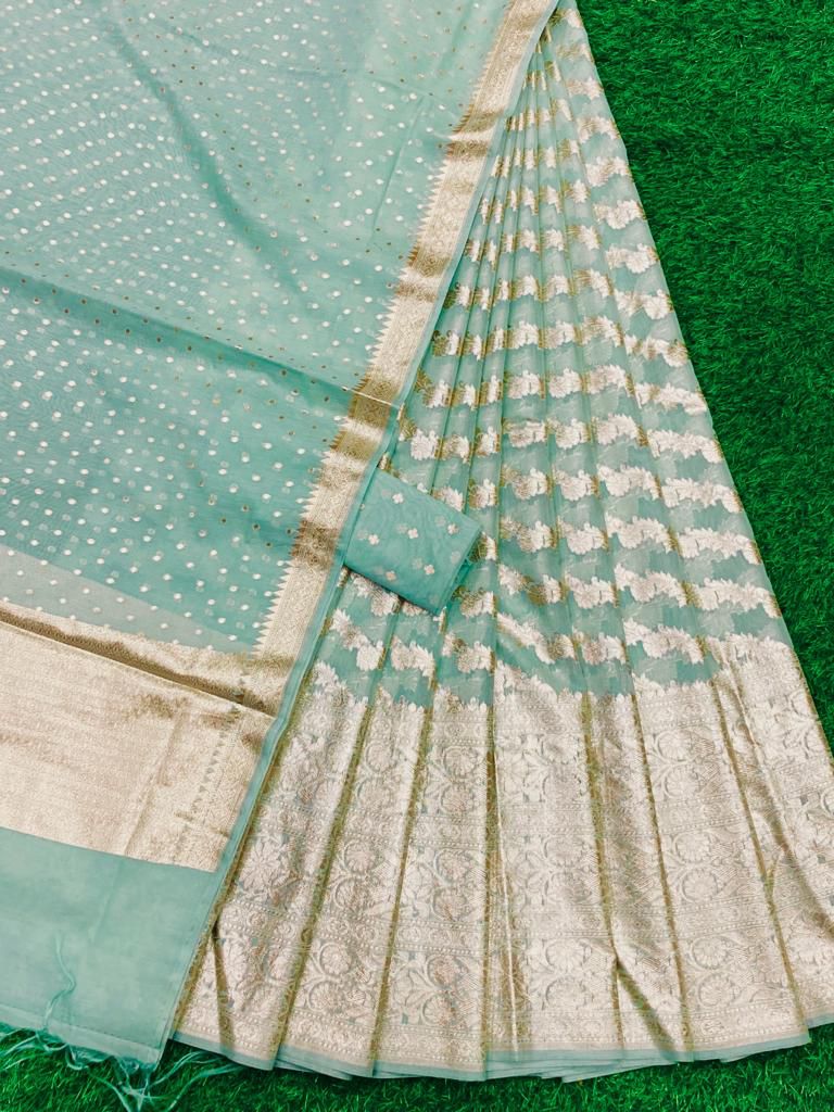 Pastel green banarasi cotton silk lehenga for elders