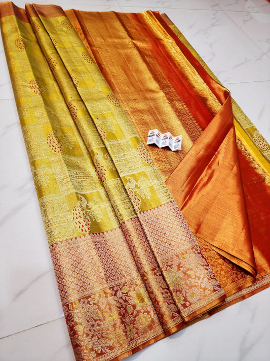 Yellow pure kanchipuram bridal silk sarees