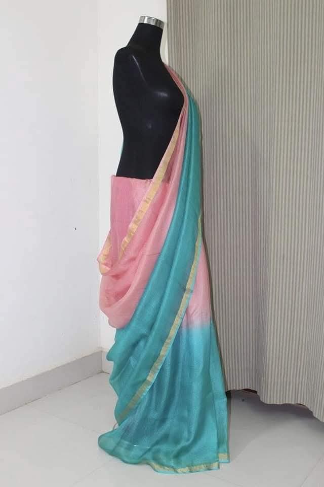Pink and sky blue kota doria cotton silk sarees