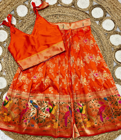 Orange Paithani lehenga for kids