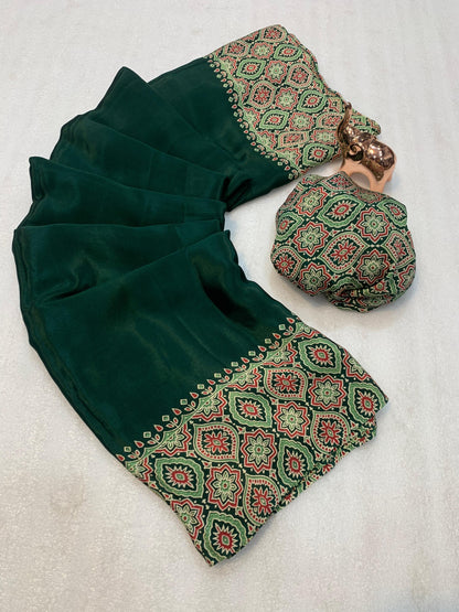 Pure crepe satin ajrakh sarees