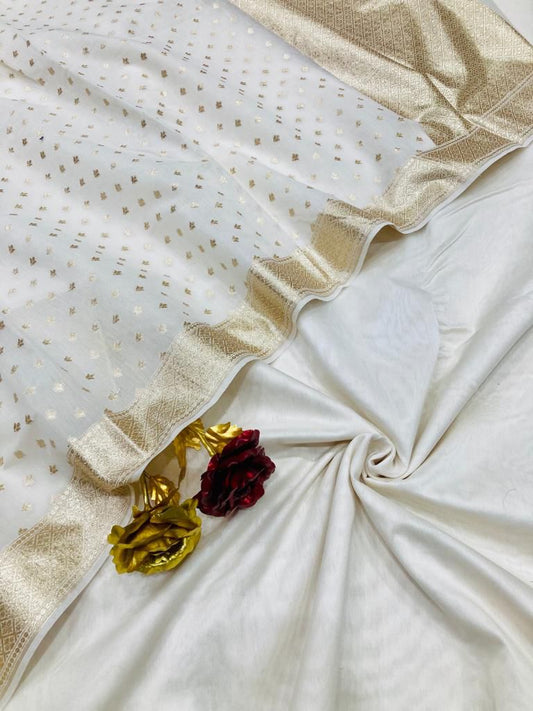 Off white Banarasi plain chanderi silk suit