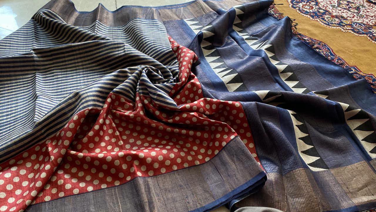 Pure Tussar silk block printed sarees