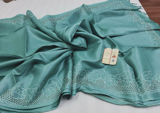 Pista green pure bhagalpuri tussar silk cutwork sarees