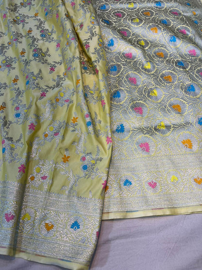 Pastel yellow pure banarasi mashru silk sarees