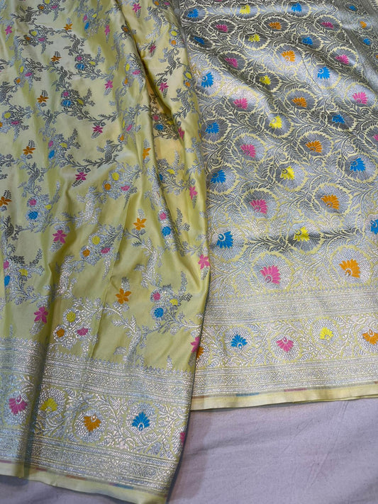 Pastel yellow pure banarasi mashru silk sarees