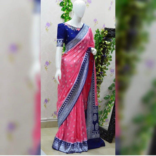 Pink with navy blue banarasi semi georgette saree