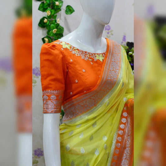 Yellow with Orange banarasi semi georgette saree