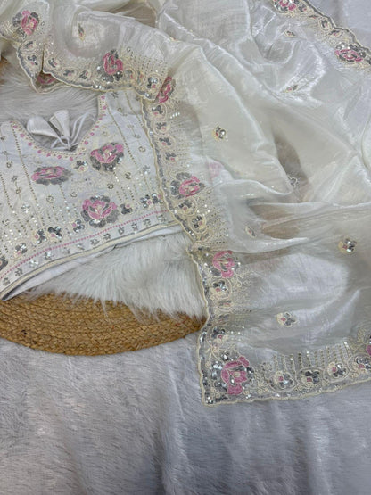 Off white crushed embroidered sarees