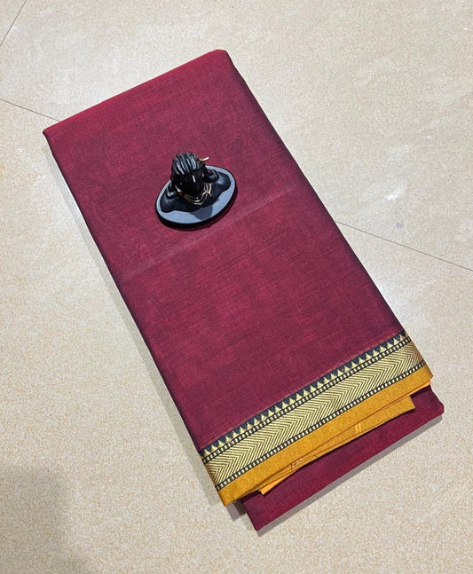Maroon red mercerised Narayanpet Cotton sarees with thin border